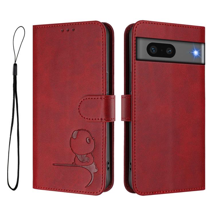 For Google Pixel 7 Litter Panda Embossing RFID Leather Phone Case with Lanyard