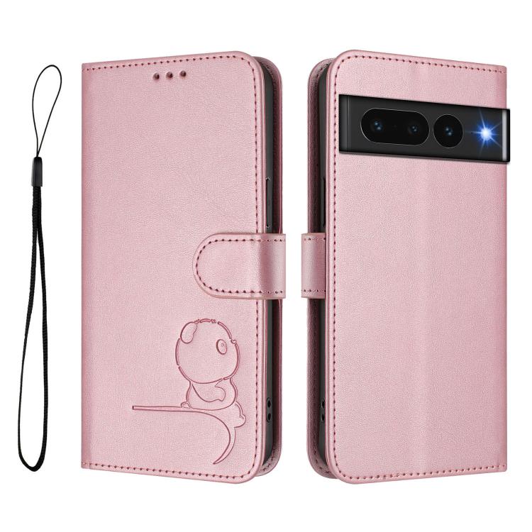 For Google Pixel 7 Pro Litter Panda Embossing RFID Leather Phone Case with Lanyard