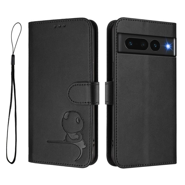 For Google Pixel 7 Pro Litter Panda Embossing RFID Leather Phone Case with Lanyard
