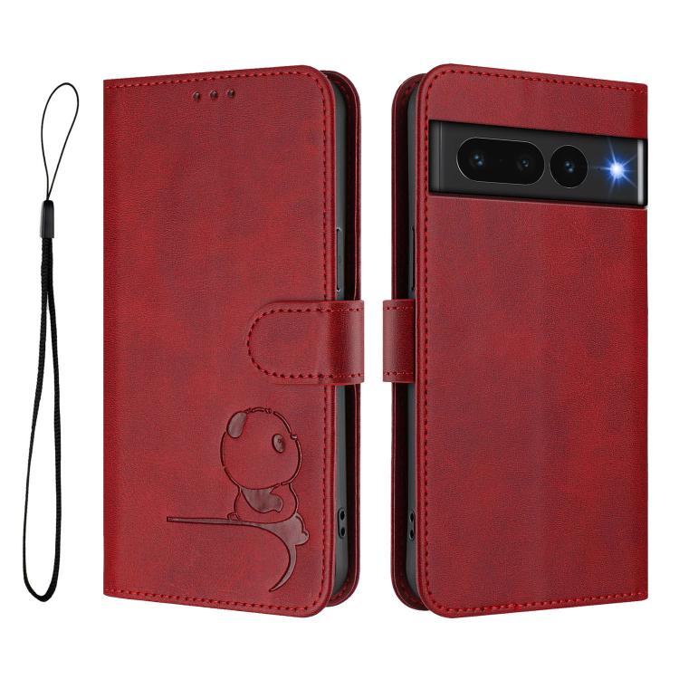 For Google Pixel 7 Pro Litter Panda Embossing RFID Leather Phone Case with Lanyard