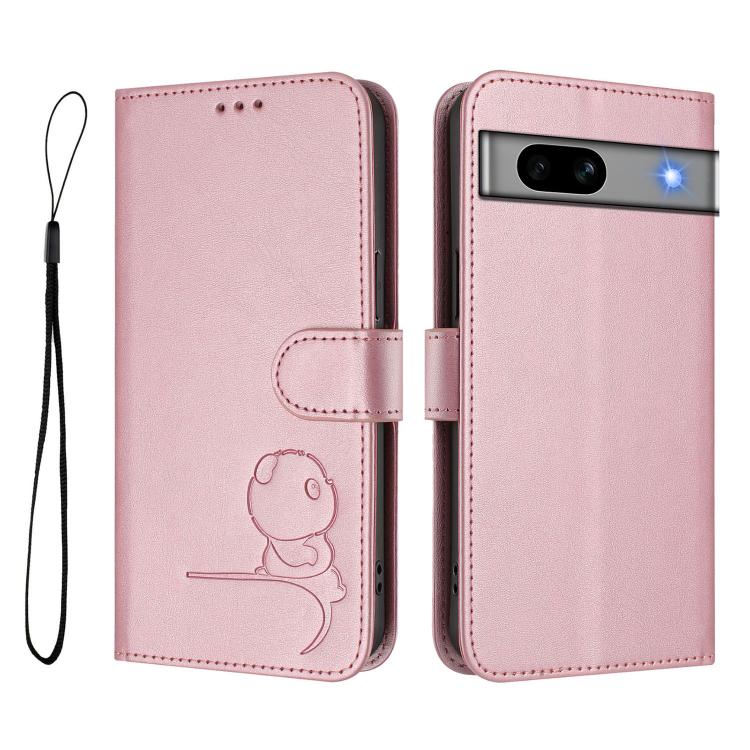 For Google Pixel 7a Litter Panda Embossing RFID Leather Phone Case with Lanyard