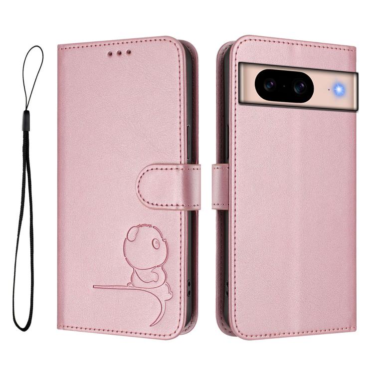 For Google Pixel 8a Litter Panda Embossing RFID Leather Phone Case with Lanyard