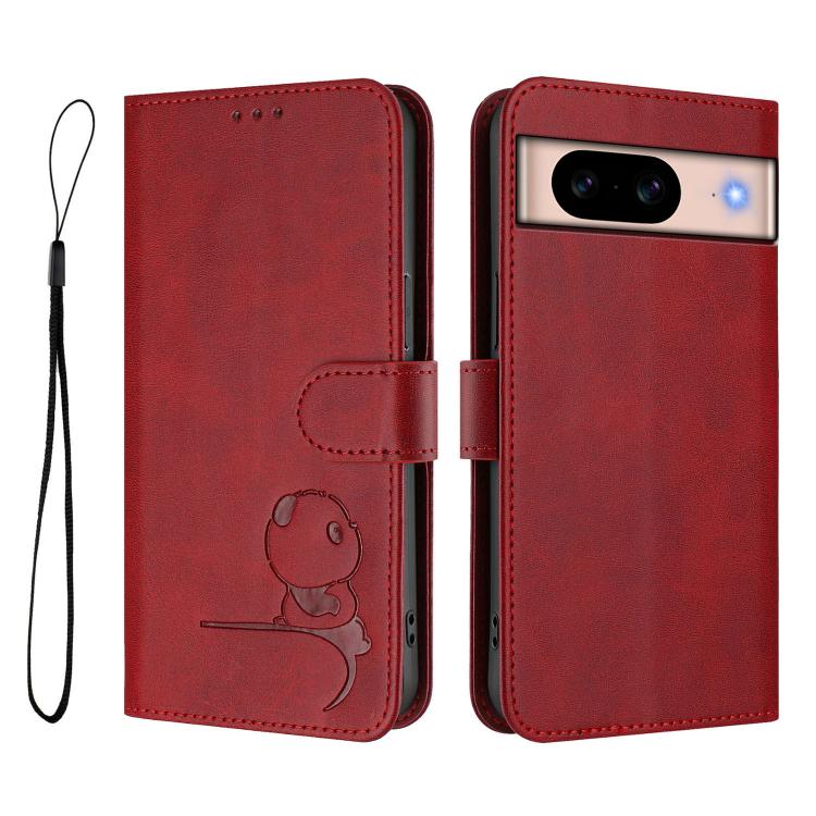 For Google Pixel 8a Litter Panda Embossing RFID Leather Phone Case with Lanyard