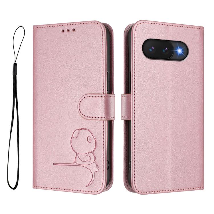 For Google Pixel 9a Litter Panda Embossing RFID Leather Phone Case with Lanyard