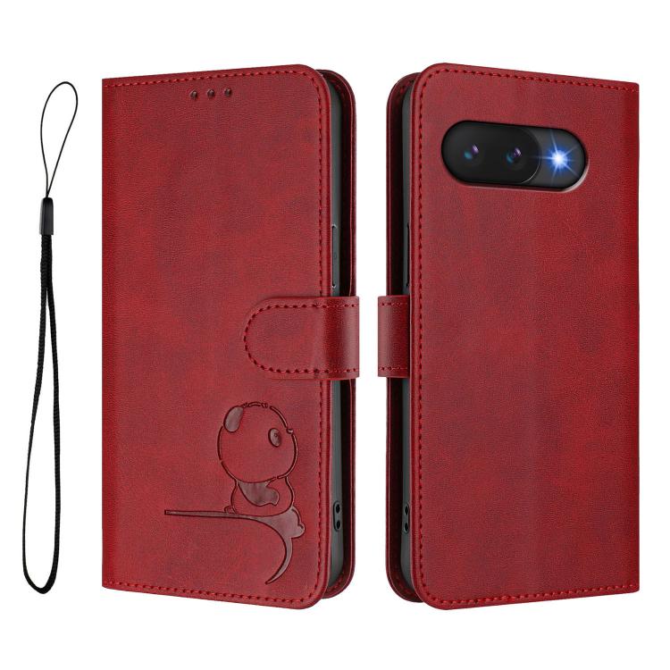 For Google Pixel 9a Litter Panda Embossing RFID Leather Phone Case with Lanyard