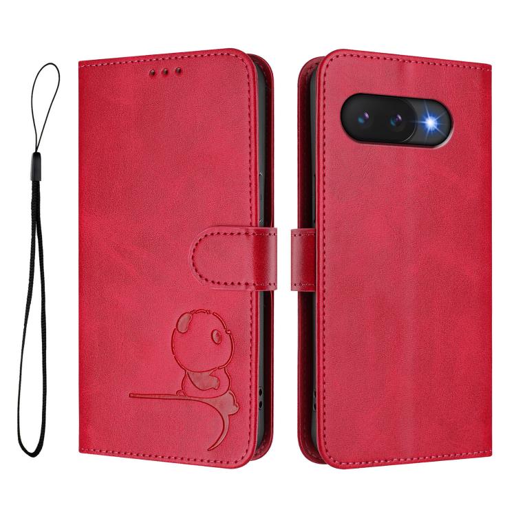 For Google Pixel 9a Litter Panda Embossing RFID Leather Phone Case with Lanyard
