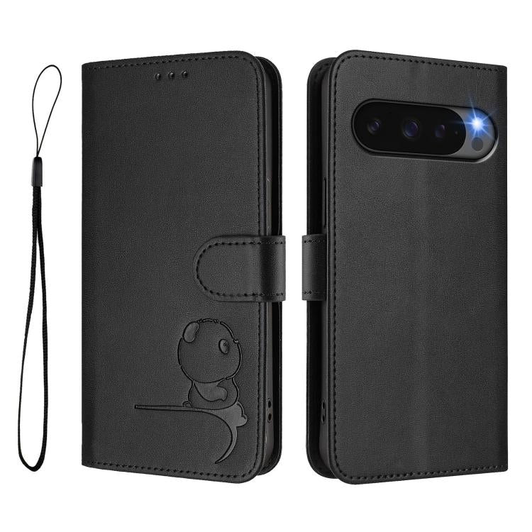 For Google Pixel 9 / 9 Pro Litter Panda Embossing RFID Leather Phone Case with Lanyard