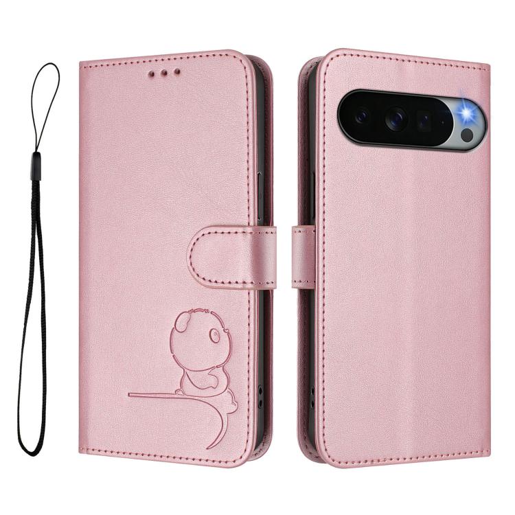 For Google Pixel 11 Pro XL Litter Panda Embossing RFID Leather Phone Case with Lanyard