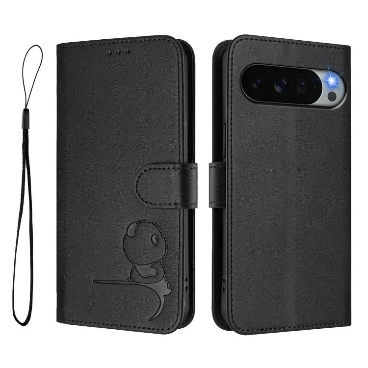 For Google Pixel 11 Pro XL Litter Panda Embossing RFID Leather Phone Case with Lanyard