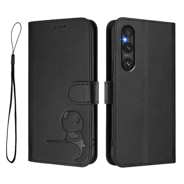 For Sony Xperia 1 V Litter Panda Embossing RFID Leather Phone Case with Lanyard