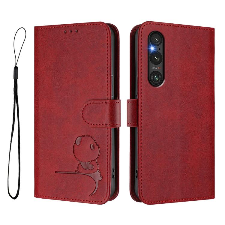 For Sony Xperia 1 V Litter Panda Embossing RFID Leather Phone Case with Lanyard