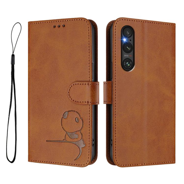 For Sony Xperia 1 V Litter Panda Embossing RFID Leather Phone Case with Lanyard