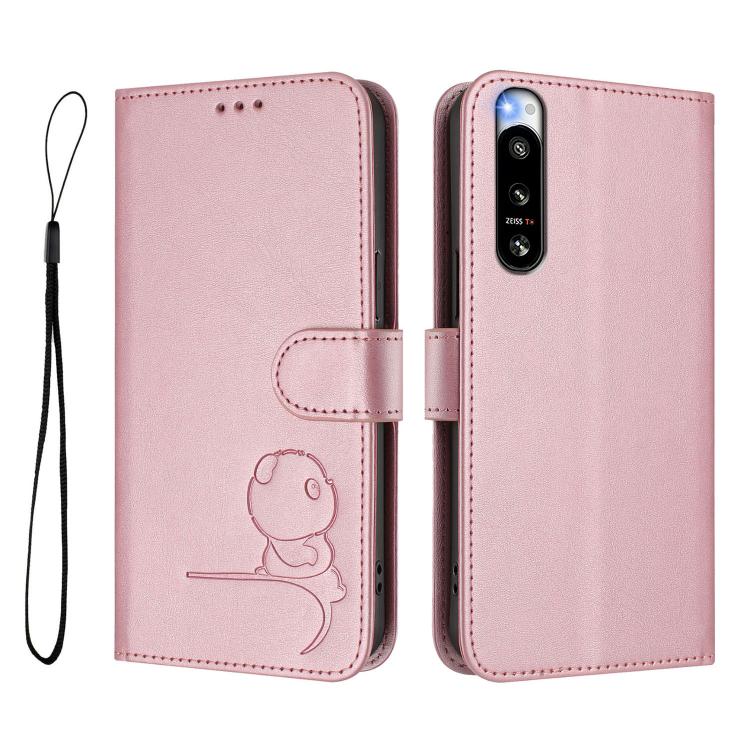 For Sony Xperia 5 IV Litter Panda Embossing RFID Leather Phone Case with Lanyard