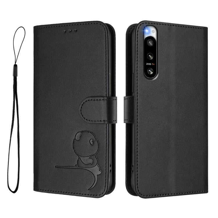 For Sony Xperia 5 IV Litter Panda Embossing RFID Leather Phone Case with Lanyard