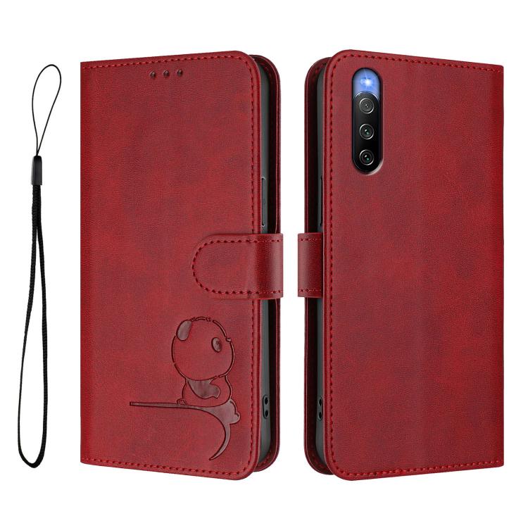 For Sony Xperia 10 V Litter Panda Embossing RFID Leather Phone Case with Lanyard