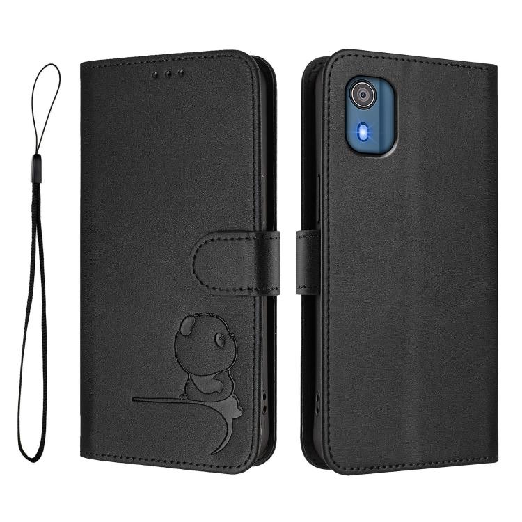 For Nokia C02 Litter Panda Embossing RFID Leather Phone Case with Lanyard