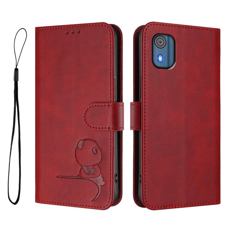 For Nokia C02 Litter Panda Embossing RFID Leather Phone Case with Lanyard