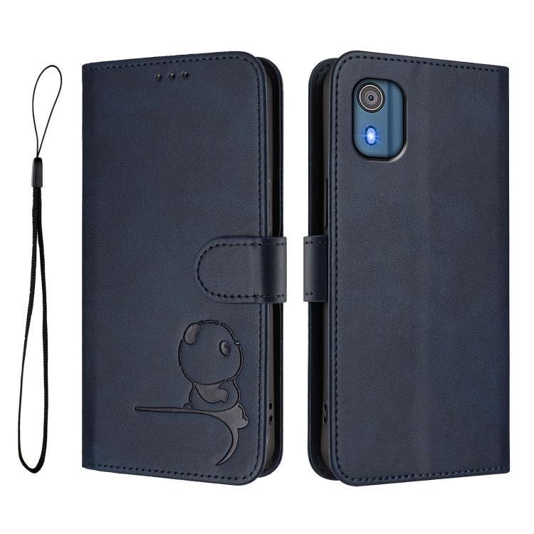 For Nokia C02 Litter Panda Embossing RFID Leather Phone Case with Lanyard