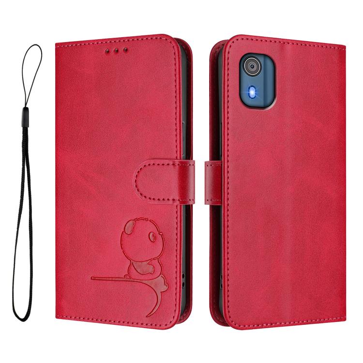 For Nokia C02 Litter Panda Embossing RFID Leather Phone Case with Lanyard