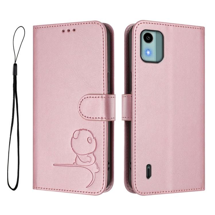 For Nokia C12 Litter Panda Embossing RFID Leather Phone Case with Lanyard