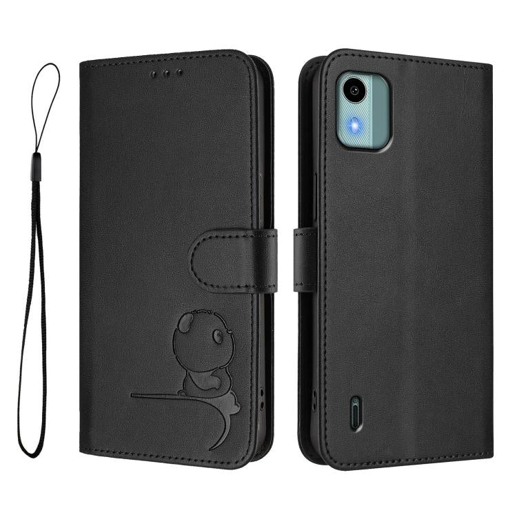 For Nokia C12 Litter Panda Embossing RFID Leather Phone Case with Lanyard