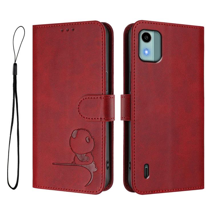 For Nokia C12 Litter Panda Embossing RFID Leather Phone Case with Lanyard