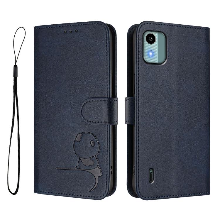 For Nokia C12 Litter Panda Embossing RFID Leather Phone Case with Lanyard