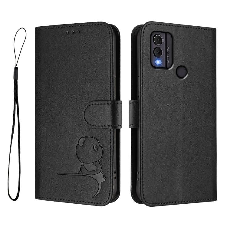 For Nokia C22 Litter Panda Embossing RFID Leather Phone Case with Lanyard