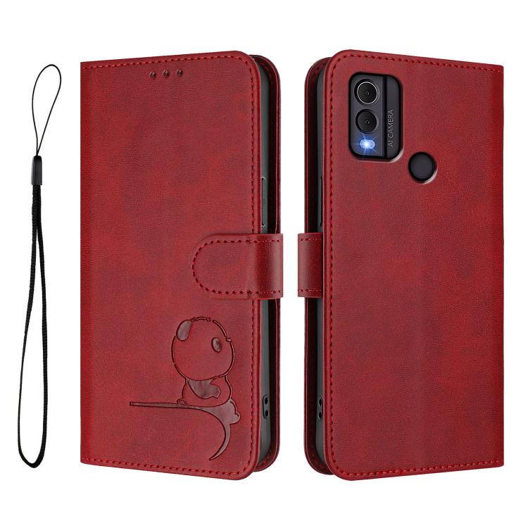 For Nokia C22 Litter Panda Embossing RFID Leather Phone Case with Lanyard