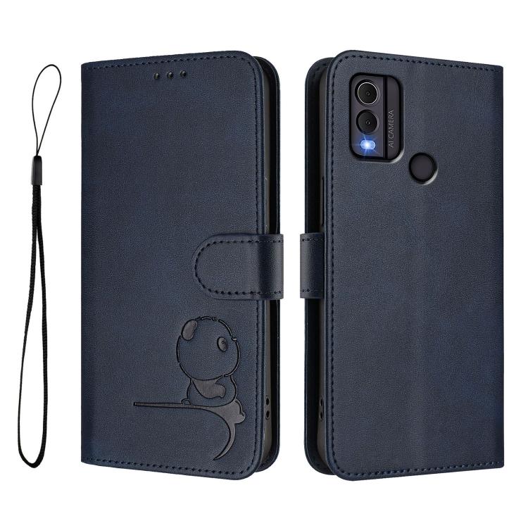For Nokia C22 Litter Panda Embossing RFID Leather Phone Case with Lanyard