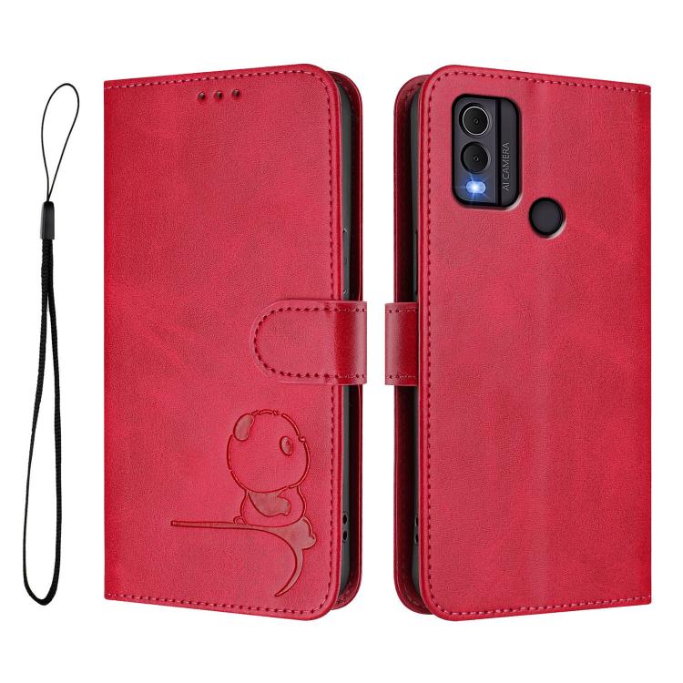 For Nokia C22 Litter Panda Embossing RFID Leather Phone Case with Lanyard