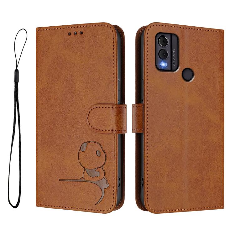 For Nokia C22 Litter Panda Embossing RFID Leather Phone Case with Lanyard