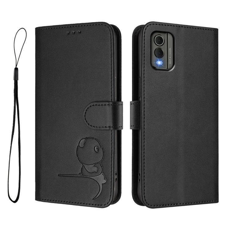 For Nokia C32 Litter Panda Embossing RFID Leather Phone Case with Lanyard