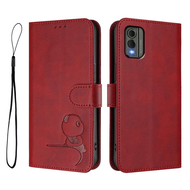 For Nokia C32 Litter Panda Embossing RFID Leather Phone Case with Lanyard