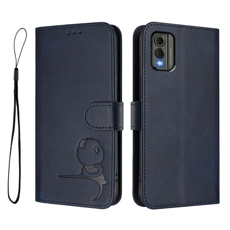 For Nokia C32 Litter Panda Embossing RFID Leather Phone Case with Lanyard