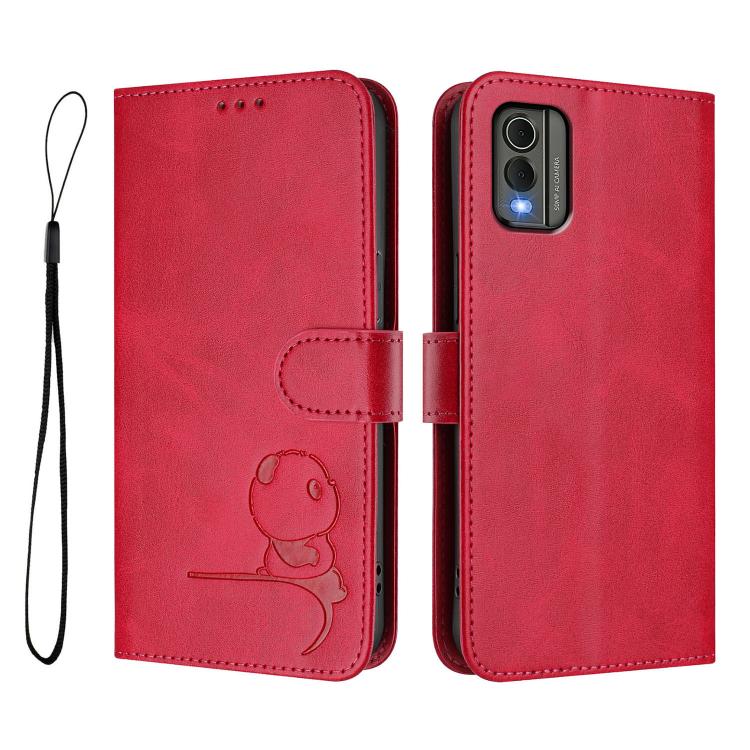 For Nokia C32 Litter Panda Embossing RFID Leather Phone Case with Lanyard