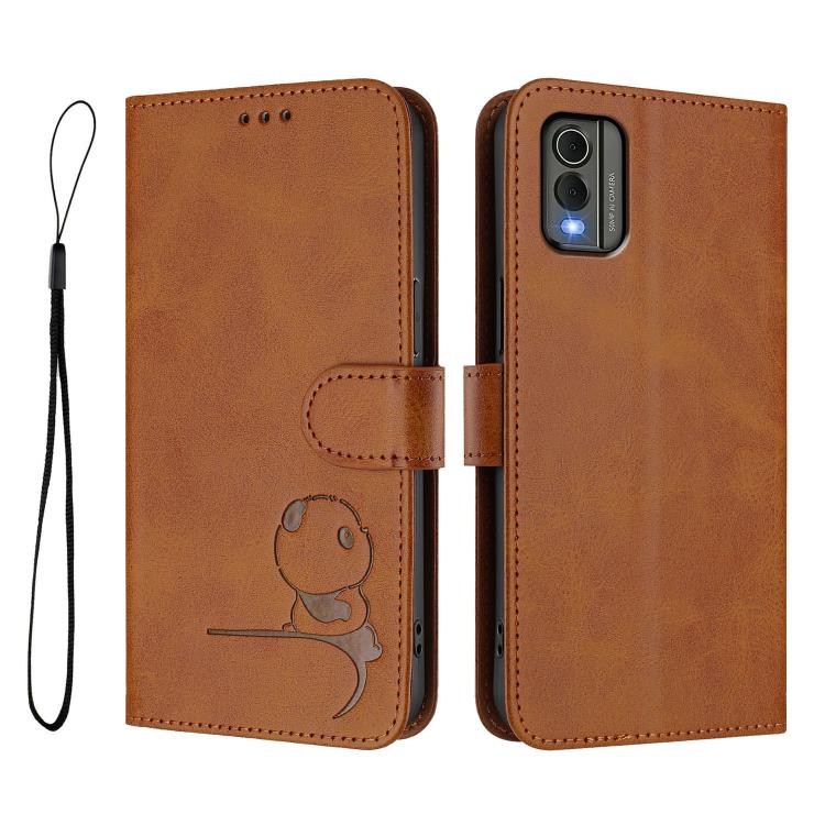 For Nokia C32 Litter Panda Embossing RFID Leather Phone Case with Lanyard