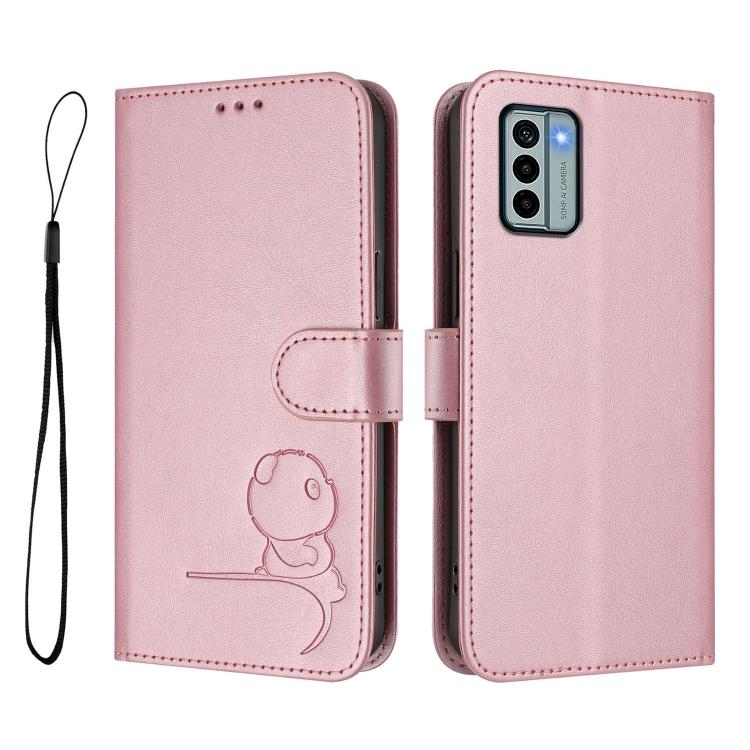 For Nokia G22 Litter Panda Embossing RFID Leather Phone Case with Lanyard