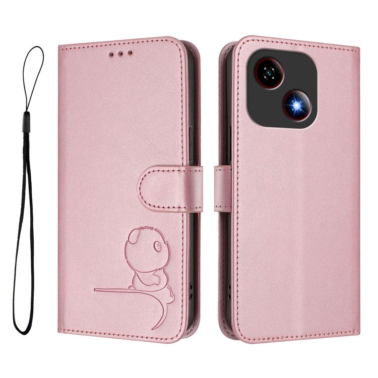 For ZTE Blade A35e 4G Litter Panda Embossing RFID Leather Phone Case with Lanyard