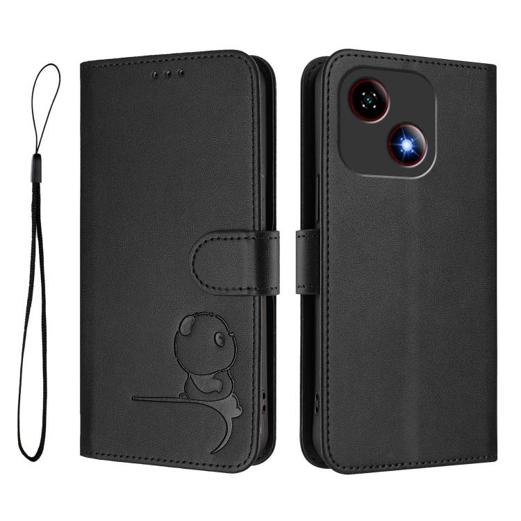 For ZTE Blade A35e 4G Litter Panda Embossing RFID Leather Phone Case with Lanyard