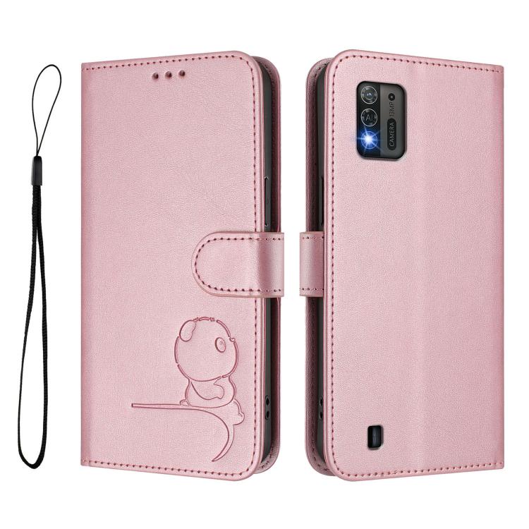 For ZTE Blade A52 Lite Litter Panda Embossing RFID Leather Phone Case with Lanyard