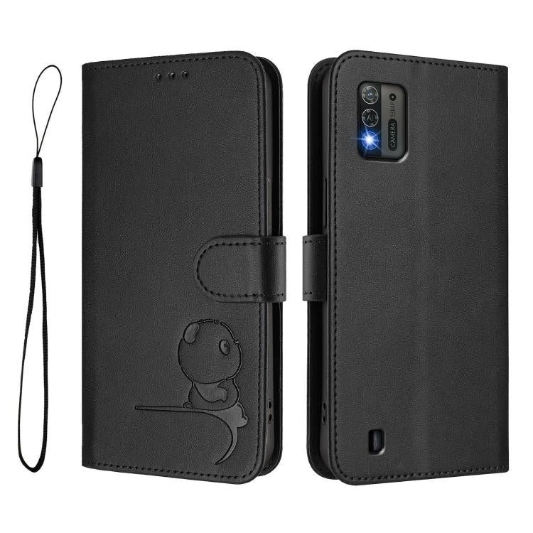 For ZTE Blade A52 Lite Litter Panda Embossing RFID Leather Phone Case with Lanyard