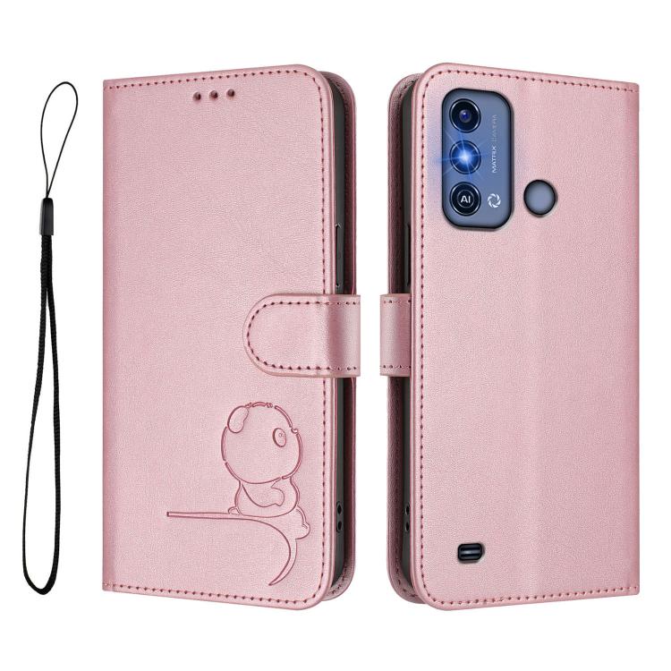 For ZTE Blade A53 Pro Litter Panda Embossing RFID Leather Phone Case with Lanyard
