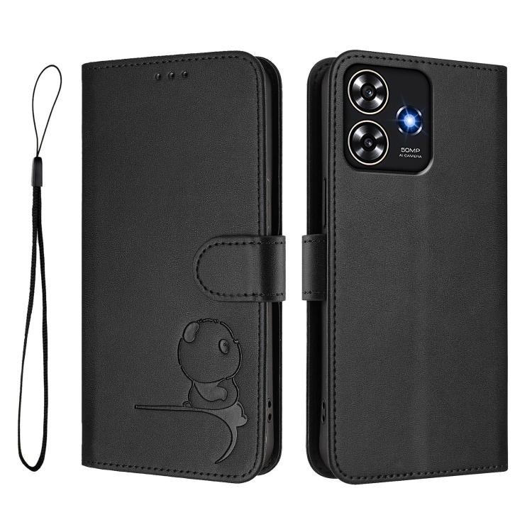 For ZTE Blade A73 4G Litter Panda Embossing RFID Leather Phone Case with Lanyard