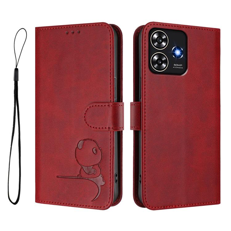 For ZTE Blade A73 4G Litter Panda Embossing RFID Leather Phone Case with Lanyard