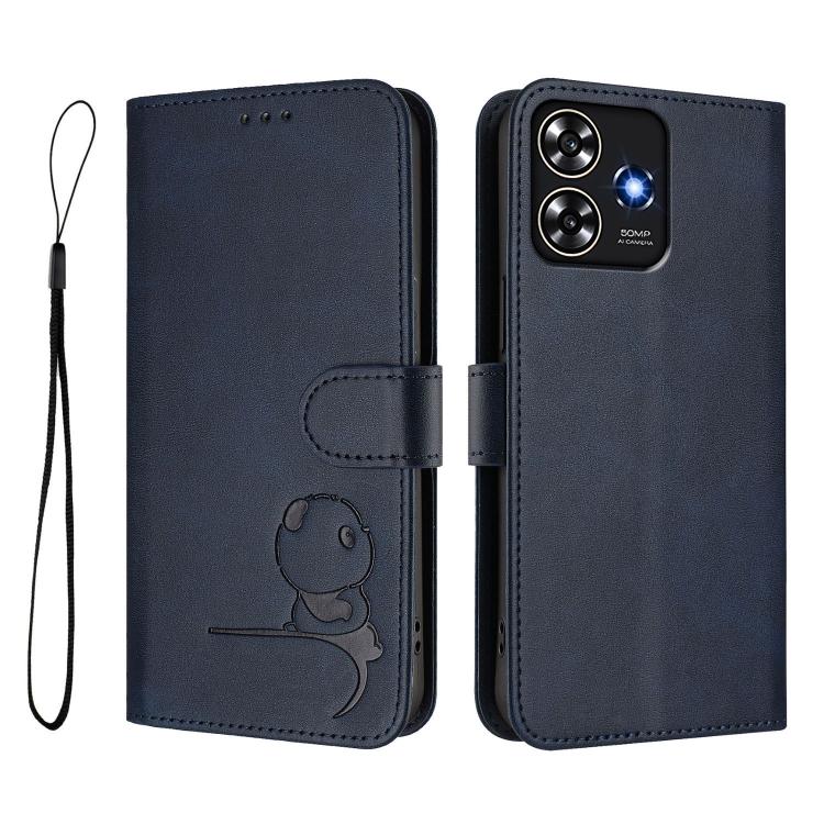 For ZTE Blade A73 4G Litter Panda Embossing RFID Leather Phone Case with Lanyard