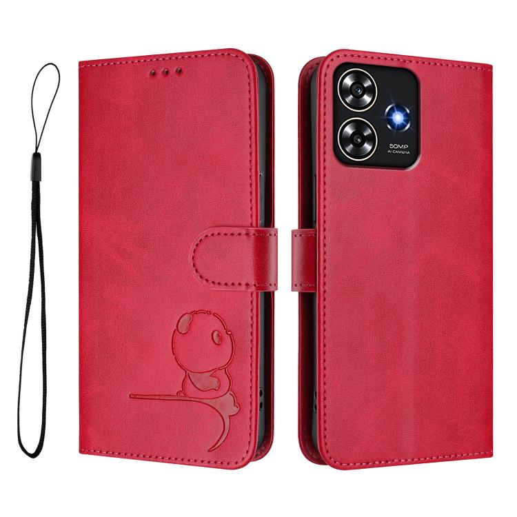 For ZTE Blade A73 4G Litter Panda Embossing RFID Leather Phone Case with Lanyard