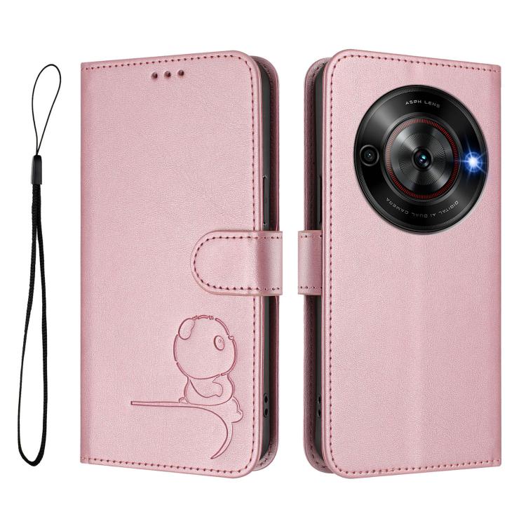 For ZTE Blade A75 5G / nubia Focus Litter Panda Embossing RFID Leather Phone Case with Lanyard