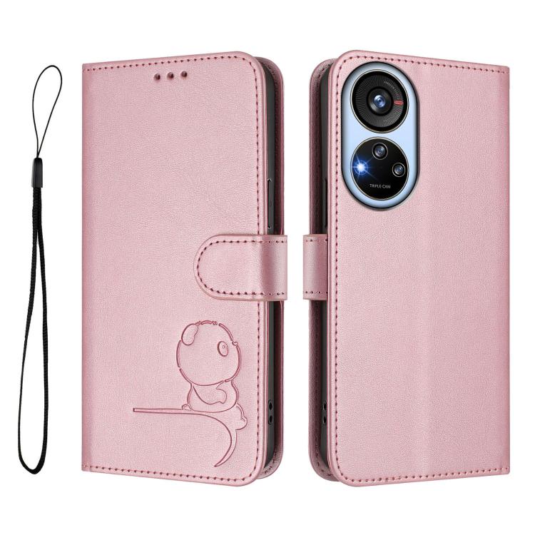 For ZTE Blade V40s Litter Panda Embossing RFID Leather Phone Case with Lanyard