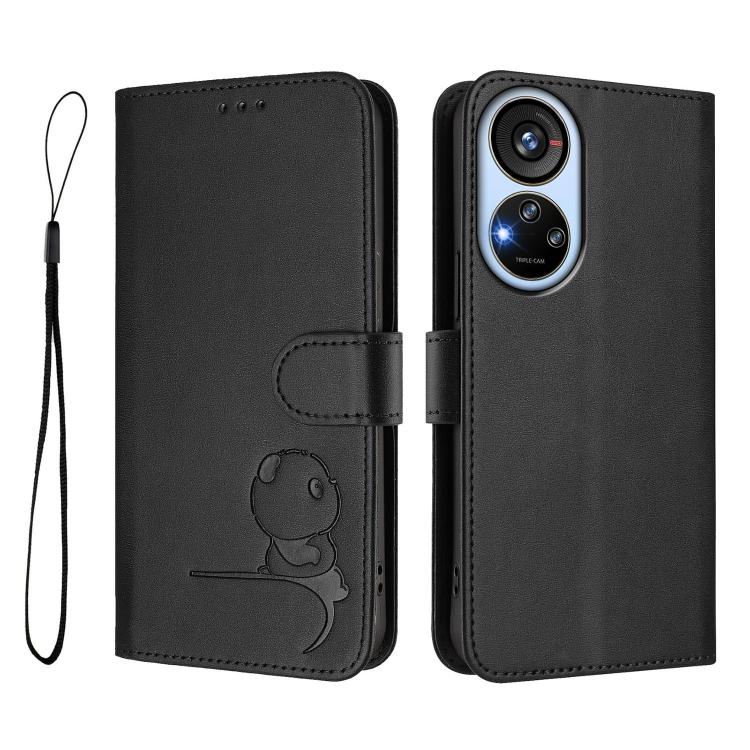 For ZTE Blade V40s Litter Panda Embossing RFID Leather Phone Case with Lanyard